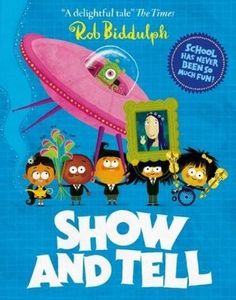 the show and tell book cover with cartoon characters in front of an image of a pink spaceship