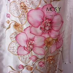 pink flowers on white satin with gold accents