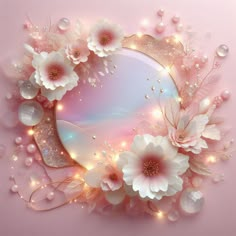 a pink background with white flowers and bubbles in the shape of a circle on it