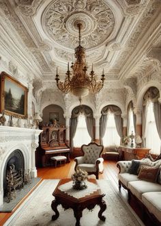 an ornate living room with chandelier, couches and fireplace in the center