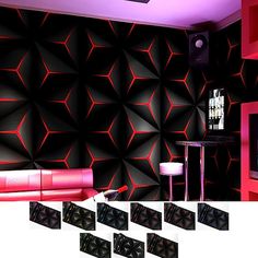 a living room with black and red wallpaper, pink lighting and various speakers in front of the tv