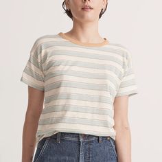 Brand New, Unworn Madewell Striped Women's T-Shirt. Light Blue And Cream Stripe With Knit Trim On Neck. 100% Light And Airy Slub Cotton, With Shirttail Hem. Body Length From High Point Of Shoulder: 26 1/4" (Based On Size M). Soft-washed Cotton Cream Tops, Everyday Cream Organic Cotton Tops, Organic Cotton Crew Neck Top In Cream, Cream Short Sleeve Soft-washed Top, Cream Soft-washed Short Sleeve Top, Cream Relaxed Fit Everyday Tops, Casual Cream Everyday Top, Casual Cream Tops For Everyday, Casual Everyday Cream Top