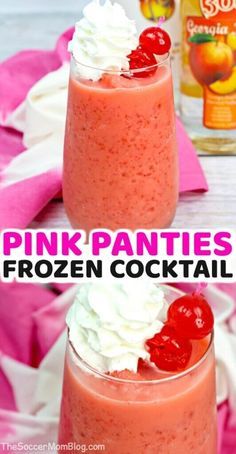 two glasses filled with pink pantheres frozen cocktails and topped with whipped cream and cherries