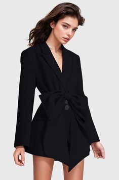 This Ribbon Blazer Dress gives you a timelessly classic, professional look. Featuring a blazer-style design with pocket flaps, lapel collar, and large bow at the waist, it is the perfect piece to incorporate into any work wardrobe. The short length and button closure give you the stylish, sophisticated look you need.Fabric: Cotton, Polyester Large Bow, Professional Look, Blazer Fashion, Work Wardrobe, Blazer Dress, Lapel Collar, Fabric Cotton, Women Empowerment, Timeless Design