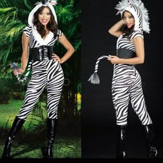 the woman is dressed in zebra print clothing