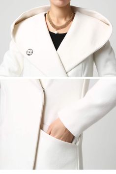 Elegant Hooded Pea Coat For Work, Elegant Winter Outerwear With Asymmetrical Hem, Coat With Hood, The Fold, Winter White, Fold Over, Wool, White, Design