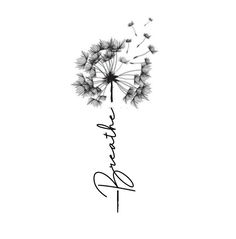 a dandelion with the word love written in cursive writing on it