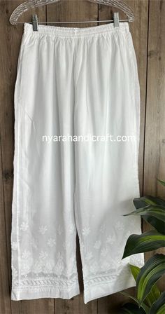 Soft cotton palazzo with lining.    Beautiful Chikankari hand embroidery.  Team it with Chikankari kurtis for a complete look! Comfortable elastic waistband, one size fits most. Luxury Chikankari Bottoms For Diwali, Chikankari Pants, Womens Trousers, Palazzo Pants, Fashion Pants, Fashion Inspo Outfits, Pure Cotton, Hand Embroidery, Capri Pants