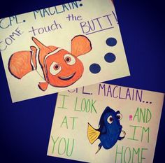 two children's handmade cards with pictures of clown and nemo