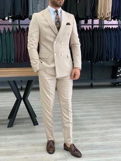 Crystal Double Breasted Cream Suit | VICLAN Tan Double Breasted Suit, Wedding Suits Groom Double Breasted, Day Wedding Suits For Men, Tan Double Breasted Suit Men, Creme Suits Men, Off White Suit Men Wedding, Suit Models For Men, Best Wedding Suits For Men Groomsmen, Best Men Wedding Outfit