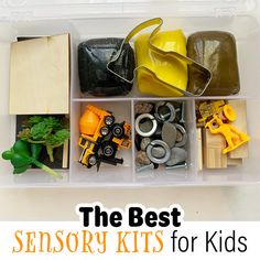 a plastic container filled with different types of toys and items to make the best sensory kits for kids