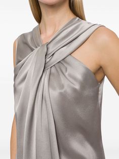 Find ALBERTA FERRETTI Gathered Satin Blouse on Editorialist. light grey satin finish gathered detailing asymmetric neck sleeveless rear button fastening straight hem Chic Gray Evening Tops, Elegant Sleeveless Gray Tops, Elegant Silver Sleeveless Top, Dhoma Gjumi, Ski Shoes, Prada Re Edition, Logo Jewelry, Statement Shoe, Blouse Pants