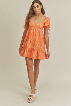 Orange and Pink Floral Dress - Puff Sleeve Babydoll Dress | Boho Pink Cute Mini Dress With Puff Sleeves And Ruffle Hem, Cute Puff Sleeve Mini Dress With Ruffle Hem, Cute Mini Puff Sleeve Dress With Ruffle Hem, Cute Mini Length Puff Sleeve Dress With Ruffle Hem, Summer Orange Puff Sleeve Mini Dress, Spring Orange Mini Dress With Puff Sleeves, Pink Puff Sleeve Mini Dress With Ruffle Hem, Casual Mini Dress With Puff Sleeves And Ruffle Hem, Casual Puff Sleeve Mini Dress With Ruffle Hem