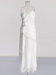 specification White Lace Maxi Dress With Fitted Bodice, White Maxi Evening Dress, White Floor-length Dress With Fitted Bodice, Sleeveless White Gown With Ruffles, White Sleeveless Gown With Ruffles, White Lace Dress With Fitted Bodice And Ruffles, Elegant Sleeveless Spring Wedding Dress, Sleeveless White Gown For Spring, Fitted Wedding Dress For Garden Party