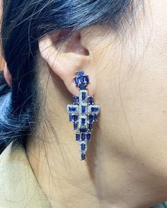 ENJOY OUR WORRY-FREE SERVICE AND THE DAZZLING, GENUINE JEWELRY WE DESIGN AND HANDCRAFT WITH LOVE❤️ ABOUT THE ITEM: JUST ONE WORD I HAVE FOR THESE EARRINGS: GLAMOROUS! IF YOU ARE LOOKING FOR A GORGEOUS AND LONG, CHANDELIER EARRINGS THAT WILL ABSOLUTELY MAKE EVERYBODY STOP AND STARE! LOOK NO FURTHER! WE ARE PRESENTING YOU A STUNNING PAIR OF CEYLON BLUE SAPPHIRES AND NATURAL DIAMONDS, SET IN LUXURIOUS AND BEAUTIFUL 18K SOLID WHITE GOLD, CHANDELIER EARRINGS! ONE OF A KIND! CUSTOM DESIGNED! Made by o Luxury Blue Chandelier Earrings For Formal Occasions, Luxury Blue Diamond Earrings, Luxury Blue Baguette Cut Earrings, Luxury Blue Dangle Chandelier Earrings, Blue Cubic Zirconia Diamond Earrings For Wedding, Blue Diamond Earrings With Prong Setting For Wedding, Blue Diamond Bridal Earrings For Formal Events, Blue Diamond Bridal Earrings For Formal Occasions, Blue Diamond Earrings For Wedding, Fine Jewelry