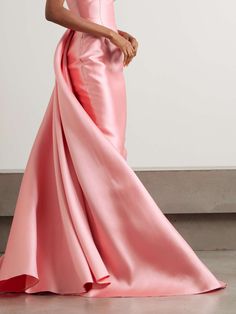 SOLACE LONDON Imani strapless pleated satin-twill gown | NET-A-PORTER Luxury Full-length Gown, Elegant Pink Gown With Detachable Train, Luxury Long Train Evening Dress For Formal Occasions, Luxury Full-length Evening Dress For Wedding, Luxury Full Length Evening Dress For Wedding, Elegant Pink Evening Dress With Long Train, Couture Gown For Formal Occasions, Modern Wedding Dress With Fitted Bodice, Silk Gown With Long Train