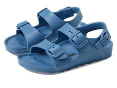 Birkenstock Kids Milano EVA (Toddler/Little Kid/Big Kid) - Kid's Shoes : Elemental Blue : Let your junior walk with comfort and flexibility on those warm sunny days in the Birkenstock Kids Milano EVA Sandals. Flat sandals with synthetic upper. Roomy toe box allows toes to stretch out. Buckle closure with two adjustable straps for customized fit. Birkenstock's contoured footbed support kids growing feet. Back strap offers secure fit. Synthetic lining. Birkenstock footbed provides arch support, a deep heel cup, and a roomy toe box. Arch support provides a steady foundation that supports good posture. Lightweight, flexible, and durable EVA outsole. Imported. Measurements: Weight: 2 oz Product measurements were taken using size EU 26 (US 8-8.5 Toddler), width Narrow. Please note that measureme Casual Scratch-resistant Sandals For Beach, Casual Scratch-resistant Sandals For Summer, Scratch-resistant Casual Sandals For Summer, Casual Adjustable Sandals Scratch-resistant, Casual Scratch-resistant Adjustable Sandals, Casual Adjustable Scratch-resistant Sandals, Spring Outdoor Slip-resistant Sandals, Casual Adjustable Fit Sandals For Outdoor, Adjustable Casual Sandals For Sports