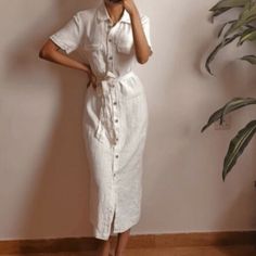 Zara 100 % Linen Dress. Short Sleeves, Front Patch Pockets And A Tied Belt In The Same Fabric. Button-Up Front With Contrast Buttons. Size Xl Approx Measurements Laying Flat: Shoulders: 17" Pit To Pit: 21.5" Waist: 19" Length From Top Shoulder To Hem: 48" Casual White Shirt Dress With Buttons, Short Sleeve Maxi Dress With Button Closure, Spring Linen Button-up Dress For Day Out, Collared Maxi Dress With Button Closure For Summer, Spring Button-up Linen Dress For Day Out, Spring Linen Dress With Button Closure For Day Out, Chic Linen Button-up Dress, Collared Vacation Dress With Buttons, Chic Linen Dress With Buttons For Beach