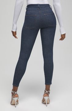 Create the perfect fit every time with these indigo-wash skinnies designed with premium stretch denim that changes with your body up to four different sizes. 28" inseam; 9" leg opening; 9 1/2" front rise; 14" back rise (size 00-4) Zip fly with button closure Five-pocket style 86% cotton, 5% recycled cotton, 5% polyester, 4% Lycra® spandex Machine wash, tumble dry Made in Turkey Women's Clothing Black Owned and Founded Stretch Cropped Leg Jeans In Denim Blue, Versatile Stretch Dark Wash Jeans, Medium Wash Cropped Denim Jeggings, Stretch Mid-rise Dark Wash Jeans, Medium Wash Cropped Leg Denim Jeggings, Stretch Versatile Jeans, Fall Stretch Dark Wash Jeggings, Fitted Indigo Jeans For Fall, Non-stretch Dark Wash Jeans