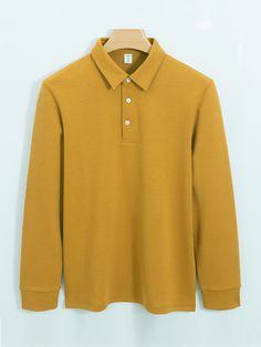 Men's Easy Care Solid Long Sleeve Polo Shirt Plain Long Sleeve Shirt With Relaxed Fit, Collared Plain Tops For Fall, Plain Collared Tops For Fall, Winter Cotton Collared Tops, Fall Plain Collared Tops, Solid Shirt With Casual Collar For Fall, Classic Long Sleeve Plain Shirt, Solid Color Plain Top With Collar, Yellow Cotton Top With Casual Collar