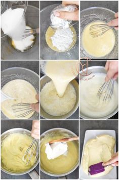 the steps to make batter being made in a bowl with whisk and eggs