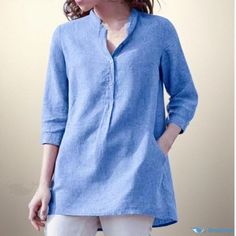 Orcajump - Solid Color Seven-quarter Sleeve Mandarin Collar Cotton Linen Casual Pullover Shirt Casual Blouse With Pockets And 3/4 Sleeves, Casual Solid Color Tops With 3/4 Sleeves, Casual Tops With Relaxed Fit And 3/4 Sleeve, Casual Relaxed Fit Tops With 3/4 Sleeves, Casual Solid Color Shirt With 3/4 Sleeves, Casual Half Sleeve Blouse, Casual Cotton Tops With 3/4 Sleeves, Casual Cotton Top With 3/4 Sleeves, Cotton Tops With Pockets And 3/4 Sleeves