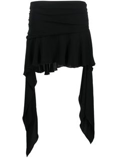 black stretch-design asymmetric design flared design draped detailing elasticated waistband flared hem thigh-length Chic Asymmetrical Evening Bottoms, Chic Asymmetrical Bottoms For Evening, Chic Cocktail Skirt With Asymmetrical Hem, Pre-draped Asymmetrical Skirt For Evening, Chic Flared Hem Bottoms For Evening, Chic Ruffle Hem Skirt For Evening, Chic Asymmetrical Draped Skirt For Night Out, Chic Black Draped Skirt With Asymmetrical Hem, Evening Bottoms With Asymmetrical Hem