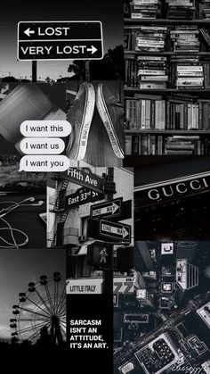 black and white collage with lots of different signs