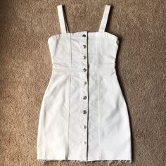 New White Denim Overalls Silver Buttons Casual White Denim Dress, White Mini Dress With Button Closure For Spring, White Denim Summer Dress, White Denim Dress For Summer, Forever 21 Trendy Denim Dress, Trendy Denim Dress By Forever 21, White Casual Mini Denim Dress, Casual White Mini Denim Dress, White Fitted Denim Dress