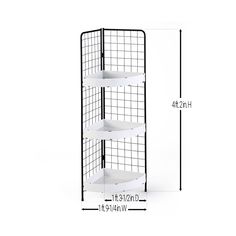 three tiered shelving unit with white shelves and measurements for each shelf in the same room