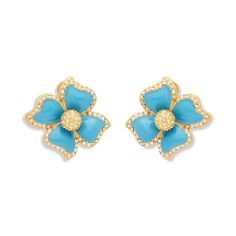 Cheap Turquoise Flower Earrings, Elegant Turquoise Enamel Earrings, Luxury Blue Enamel Earrings, Flower Clip, Enamel Flower, Sparkling Crystal, Clip Earrings, Intricate Design, The Light