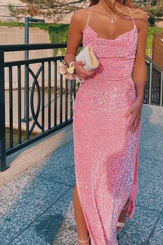 Cowl Neck Pink Sequin Mermaid Long Formal Dress with Slit Prom Dresses Sequin, Mermaid Party Dress, Light Pink Prom Dress, Sequin Holiday Dress, Sweet Sixteen Dresses, Sparkle Prom Dress, Prom Dresses Long Pink, Dresses Sequin