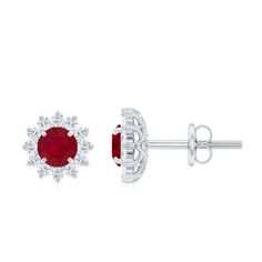 Ruby Flower Stud Earrings with Diamond Halo Ruby - ( AAA ) - Quality - Rosec Jewels Ruby Flower, Halo Stud Earrings, Halo Earrings Studs, Flower Stud Earrings, Ruby Earrings, Flower Stud, Ruby Gemstone, Flower Earrings Studs, Flower Studs