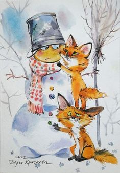 a watercolor painting of two cats and a snowman