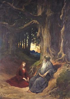 a painting of two people sitting in the woods