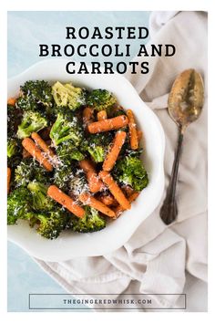 roasted broccoli and carrots in a bowl with a spoon