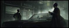 two people standing in front of a car on a city street at night with fog