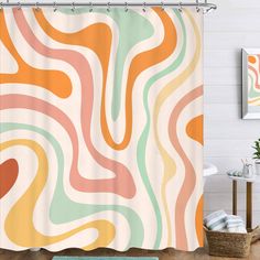 a shower curtain with an abstract design in orange, green, pink and yellow colors