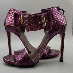 Stuart Weitzman Purple Python Scales That Fade To Gold At The Edges. These Sandals Have A Gold Hardware Clasp. And Studs And Zipper Back. 1cm Platform 12cm Heel. Brand New, Never Worn. See Detailed Pictures. Luxury Purple Sandals With Open Heel, Luxury Purple Open Toe Sandals, Elegant Purple Sandals With Buckle Closure, Luxury Purple Evening Sandals, Open Toe Sandals With 4-inch Heel For Galas, 4-inch Heel Open Toe Sandals For Galas, Luxury Heels With Buckle Closure For Cocktail, Luxury Purple Open Heel Heels, Elegant Purple Sandals With Branded Heel