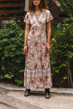 WickedAF Pink / XL Joseph Bohemian Wrap Maxi Dress Casual Boho Dress With Floral Print For Garden Party, Casual Boho Dress For Garden Party, Flowy Boho Dress For Spring Garden Party, Spring Hippie Printed Maxi Dress, Hippie Printed Maxi Dress For Spring, Fitted Floral Print Boho Dress For Summer, Spring Boho Print Maxi Dress, Beige Hippie Maxi Dress For Spring, Hippie Beige Maxi Dress For Spring