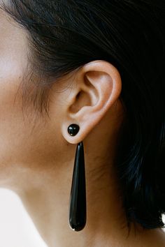 Large Angelika Earrings In Onyx | Sophie Buhai Modern Black Long Drop Jewelry, Black Long Drop Pierced Jewelry, Black Pierced Long Drop Jewelry, Modern Black Drop Earrings, Black Drop Jewelry With Pierced Details, Black Drop-shaped Pierced Jewelry, Pierced Onyx Earrings As Gift, Modern Onyx Drop Earrings, Round Onyx Pierced Earrings