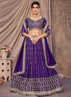 Get ready to make a statement at your next Indian wedding with this stunning purple georgette lehenga choli! The intricate embroidery adds a touch of elegance and the bold color is sure to turn heads. Perfect for sangeet, reception, or any other special occasion, this lehenga choli is a must-have for risk-takers who love to make a statement! The unstitched blouse can be customized upto 46 inches. Do Note: All the accessories shown are for styling purpose only. Slight color variation may occur du Purple Ghagra, Sangeet Function, Lehenga Choli Designs, Ghaghra Choli, Georgette Lehenga, Lehenga Fabric, Real Images, Indian Wedding Wear, Indian Bridal Wear