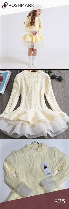 Baby Girls 2T 3T Winter Knitted Dress Cream White ✨ Dresses Formal White Knitted Dress For Spring, Fitted White Sweater With Ruffles, White Cotton Winter Dress, Cute Fitted White Sweater, White Fitted Cute Sweater, Cute Cream Winter Dress, Cute White Dresses For Fall, Cute White Fall Dresses, White Dresses Formal