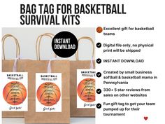 three bags with instructions for basketball survival kits