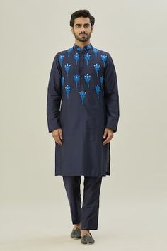 Blue kurta with peacock thread embroidery. Paired with a pant. - Aza Fashions Kurta Set Men, Blue Kurta, Men Kurta, Thread Embroidery, Band Collar, Kurta Set, Embroidered Silk, Cotton Silk, Aza Fashion