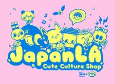 the logo for japan cute culture shop, featuring cartoon animals and cats on pink background