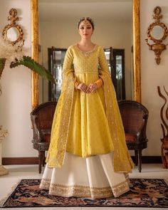 Yellow Pakistani Haldi Dress, Embroidery With Sequins, Embroidery Indian, Maharani Designer Boutique, Indian Dresses Online, Zardozi Work, Deep Yellow