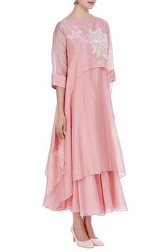 Shop for Taika by Poonam Bhagat Pink Chanderi Embroidered Tunic With Anarkali for Women Online at Aza Fashions Sleeveless Anarkali, Short Anarkali, Asymmetric Tunic, Pink Thread, Layered Style, Women Kurta, Embroidered Tunic, Thread Work, Boat Neckline