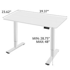 a white desk with measurements for the height