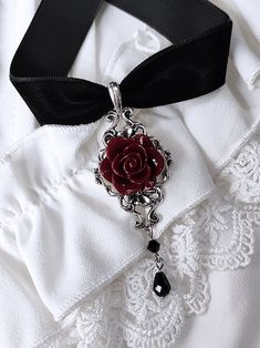 The price is for a choker only, others are not included.  Color: The color of the rosette. Garment Size SizeFree SizeFull Length30+5Width2 Red Goth Jewelry, Red Goth Clothes, Romantic Goth Jewelry, Vampire Empress, Goth Prom, Rose Accessories, Rose Choker, Collar Accessories, Gothic Vintage